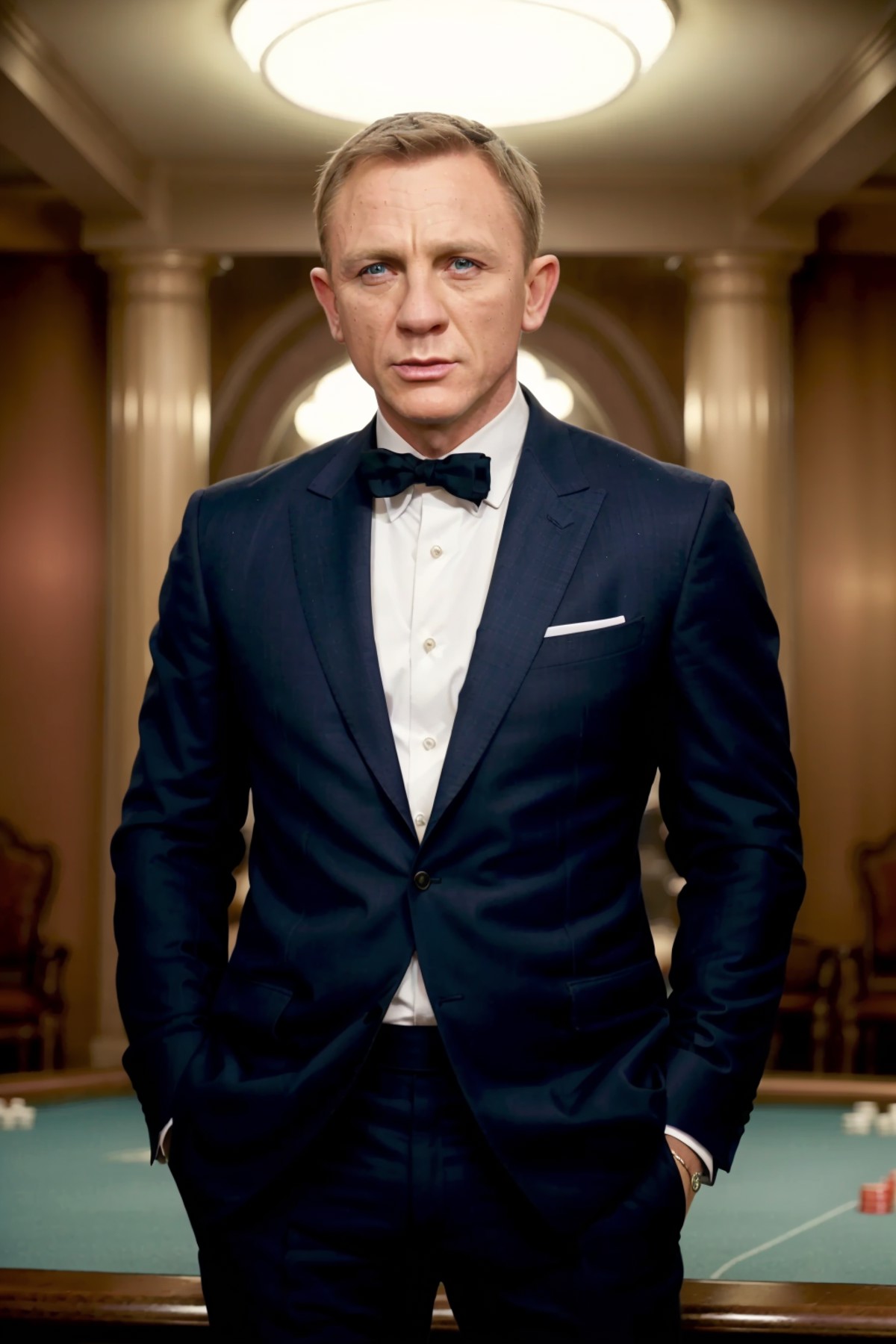 modelshoot style photo of danielcraig as James Bond standing in a casino, (masterpiece:1.2) (photorealistic:1.2) (bokeh) (...